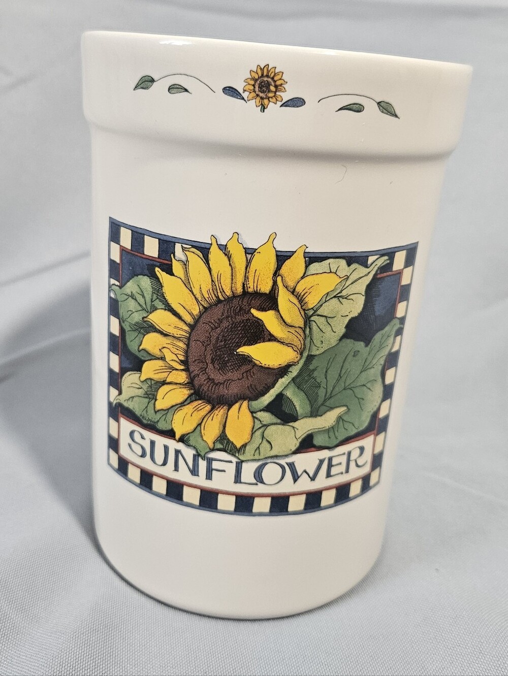 Susan Winget VTG Sunflower Checked Border Utensil Holder Cottage Country Floral